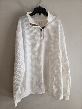 Men's White Quarter-Button Textured Sweater With Pathwork Elbows